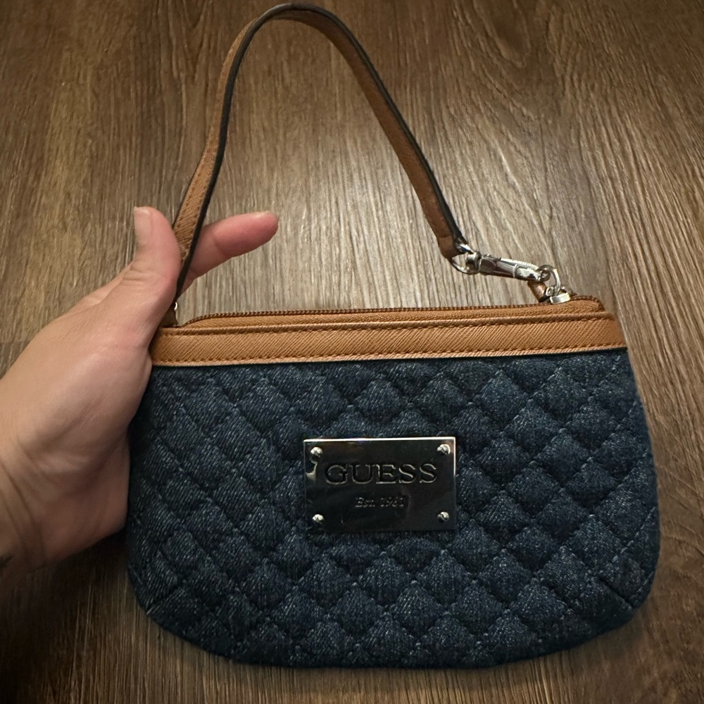 GUESS Denim and Tan Quilted Wristlet